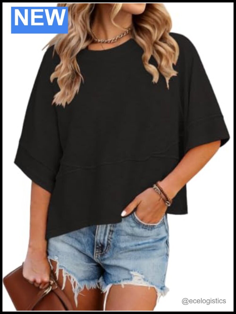 Women Crew Neck Batwing Half Sleeve Tee Loose Fit Oversize Top